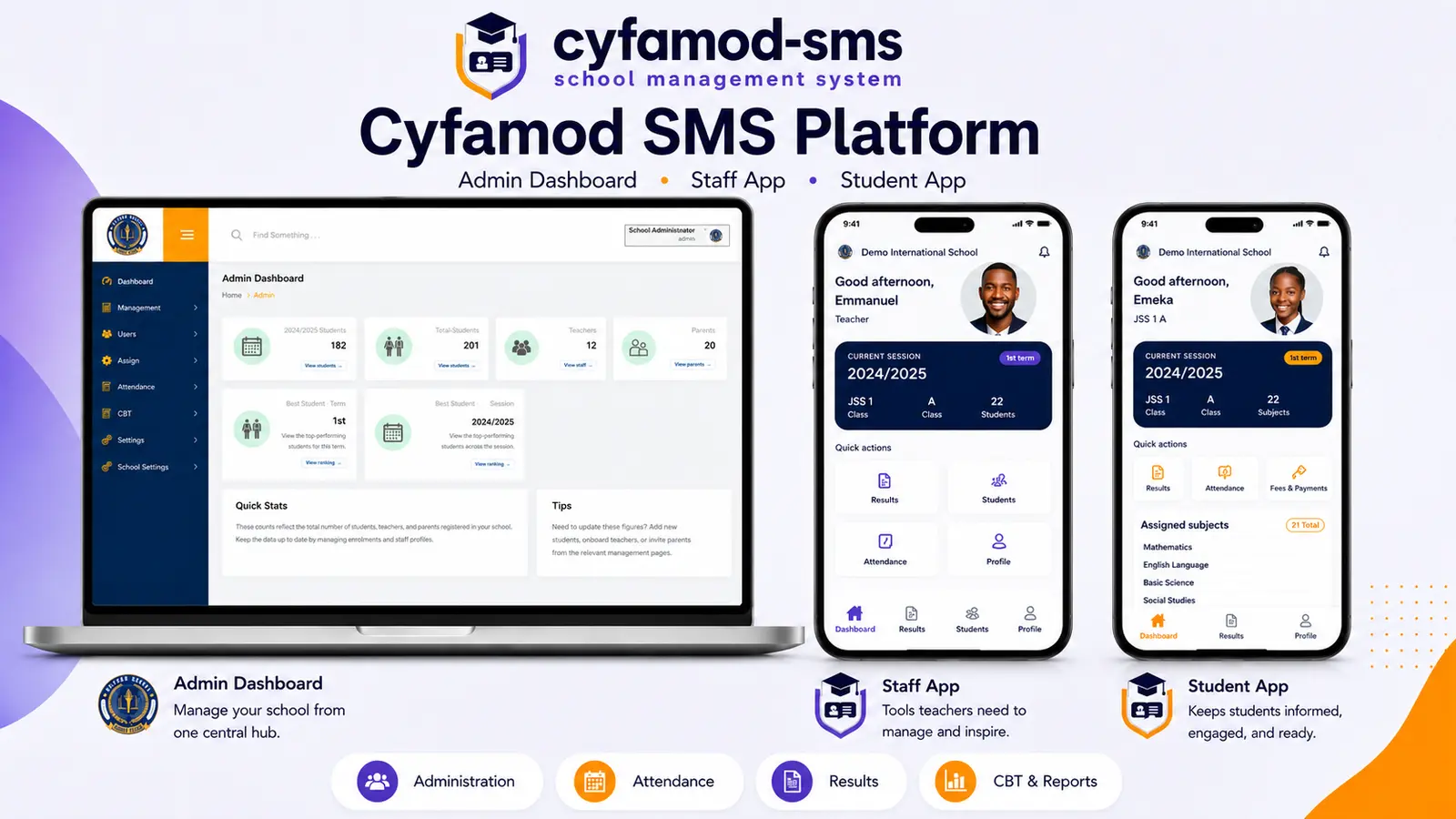 Cyfamod-SMS admin dashboard, staff app, and student app